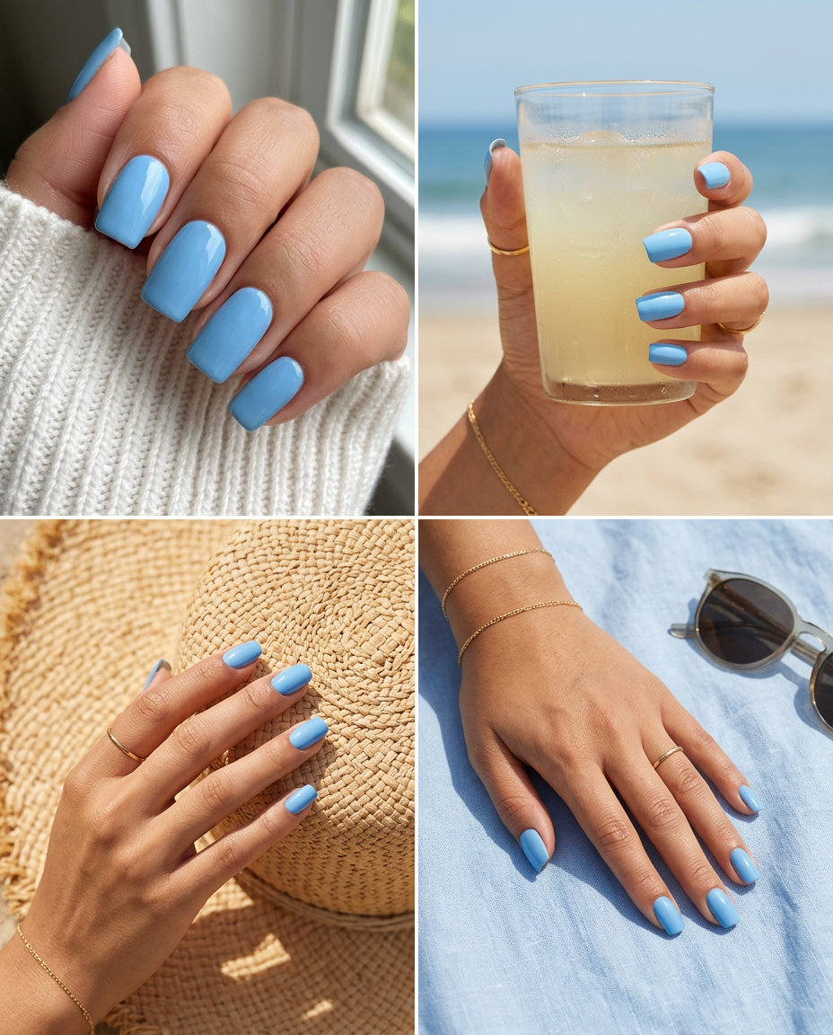 Sky Blue Serene Squoval nails for simple summer nails 2026. Light pastel blue, glossy finish, perfect for vacation.