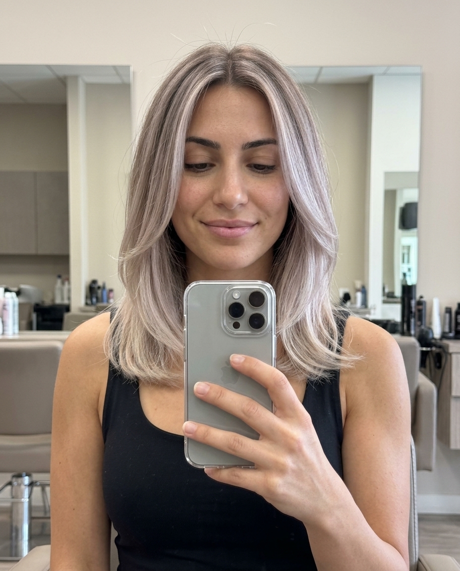 mid-length blonde with internal layers, no fringe — sophisticated modern style