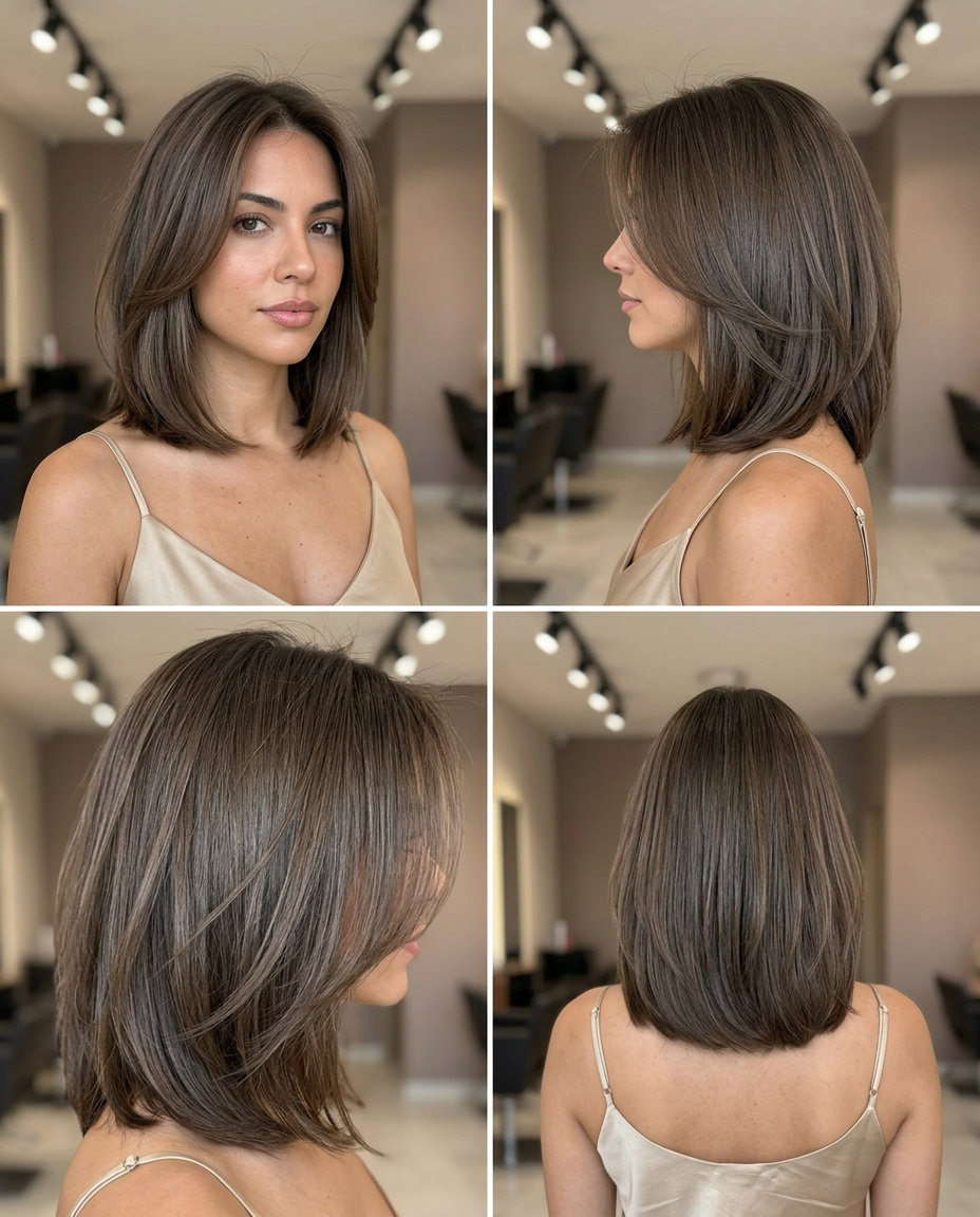 shoulder-length smoked walnut bob with neutral-to-cool brown, point-cut perimeter, no bangs — effortless modern minimalist