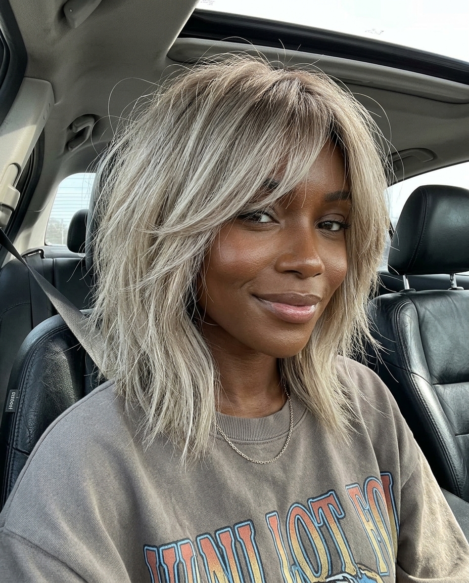 medium smoky ash blonde lob with cool taupe lowlights and eye-grazing fringe for edgy rebellion