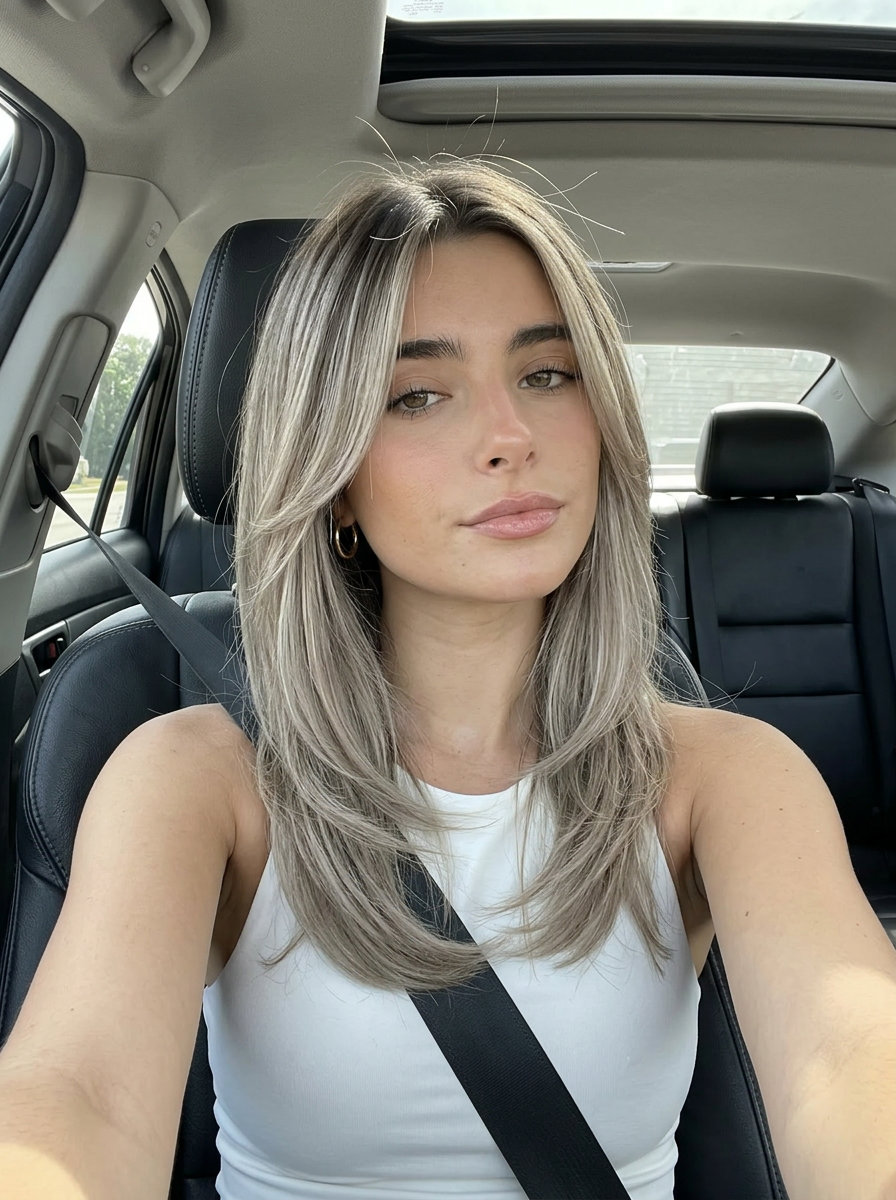 medium shag ombre with deep cool brown to smoky ash blonde, teasylight technique, piecey texture — edgy moody hair