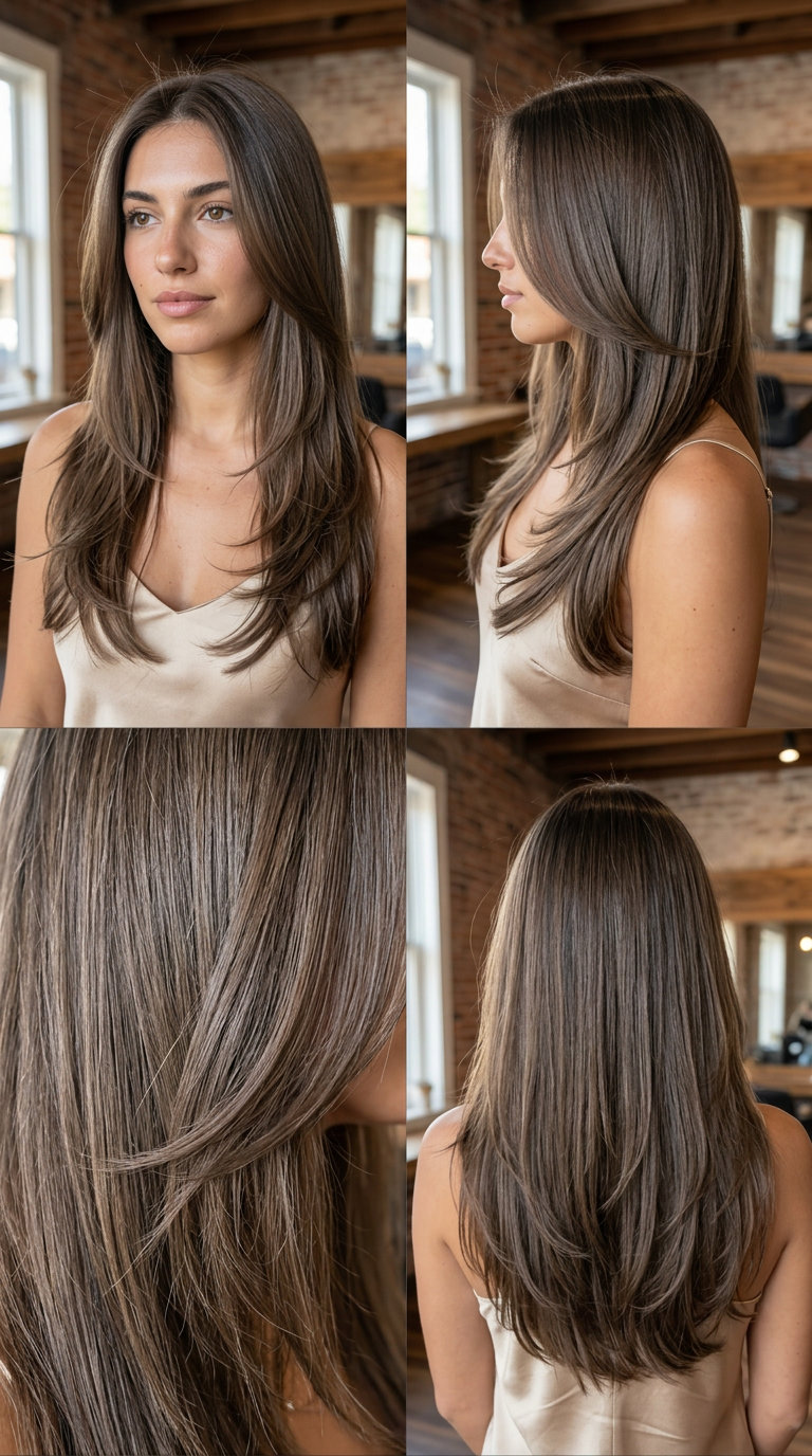 long ash brown hair with smoky gloss, seamless layers, and U-shape back for sophisticated waves