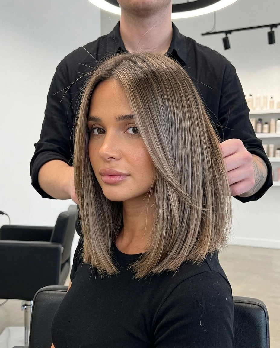 long bob haircut with smoky caramel balayage, blunt perimeter, no bangs — professional, sophisticated