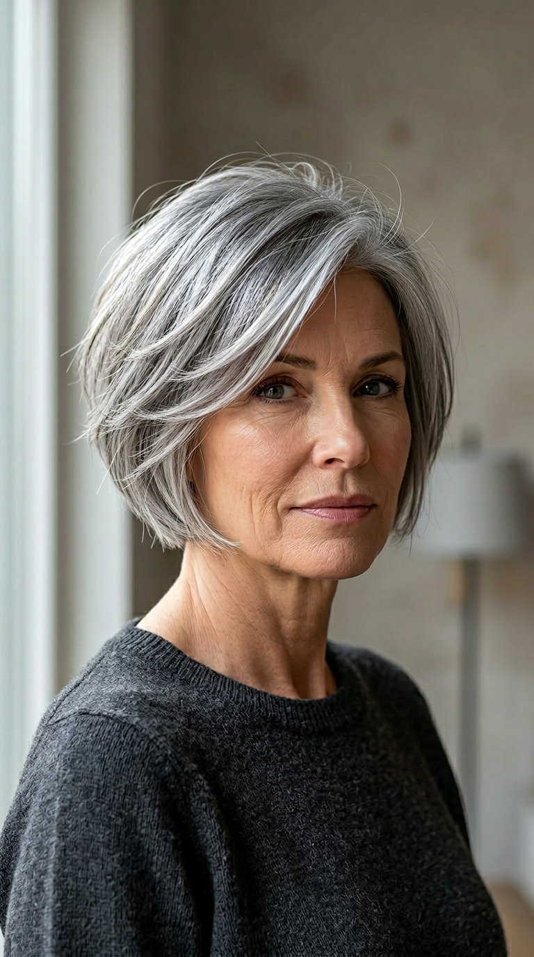 short smoky grey bixie haircut with charcoal lowlights and face-framing layers