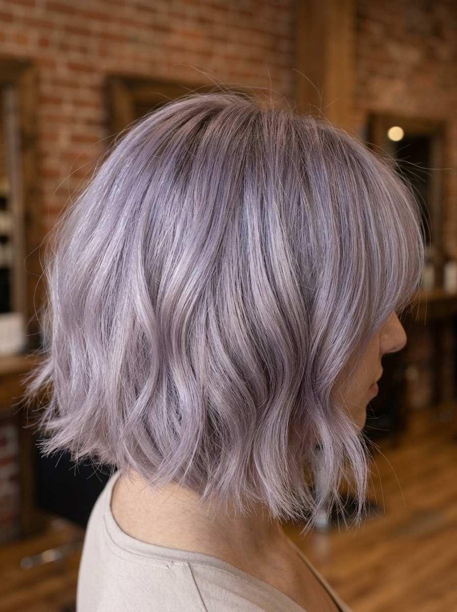 short bob haircut in smoky lavender with muted silver and cool root shadow for ethereal style