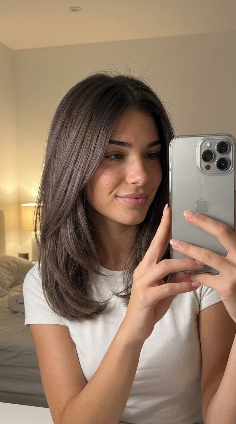 long soft layered mushroom brown root smudge with muted ash, blurred transition, curve cut — soft, sophisticated, lived-in