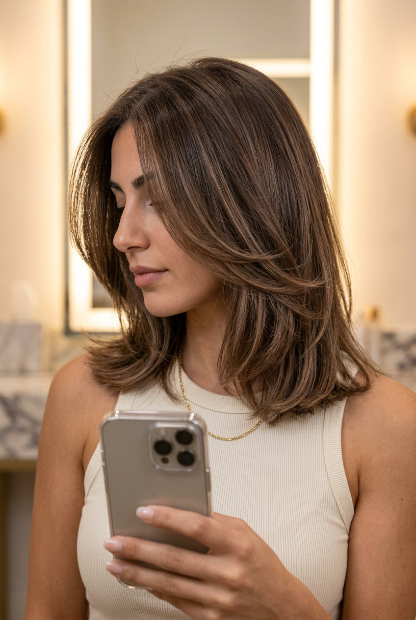 long smoky portobello mushroom brown hair color with mid-length balayage, curve cut, no fringe — bold vibrant dimension