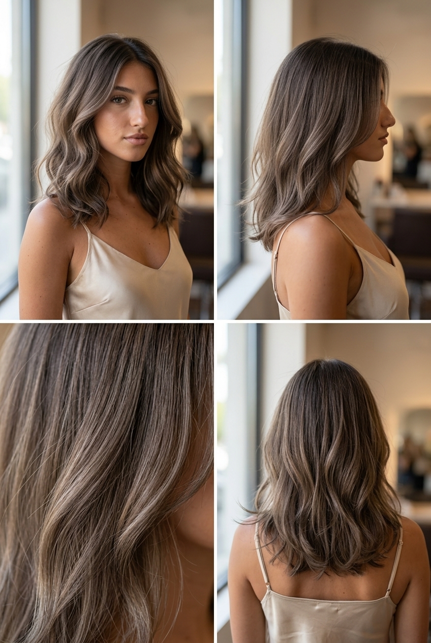 long mushroom brown hair color with smoky portobello shadow root, diffused blend, no fringe — effortless summer travel