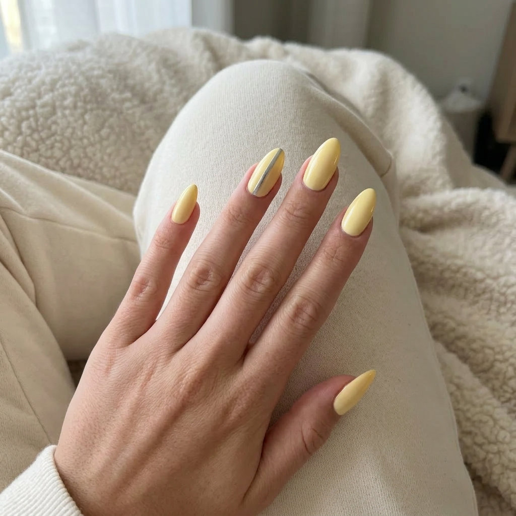 Butter yellow chrome stripe nails, a playful solid summer nails 2026 look for casual days and date nights.
