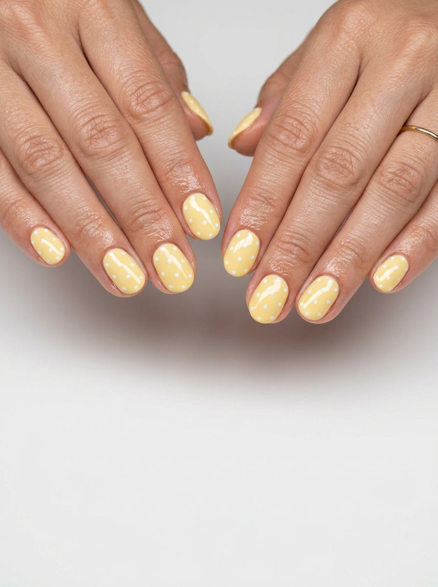 Butter yellow oval nails with dainty white polka dots for solid summer nails 2026. Sweet for picnics.