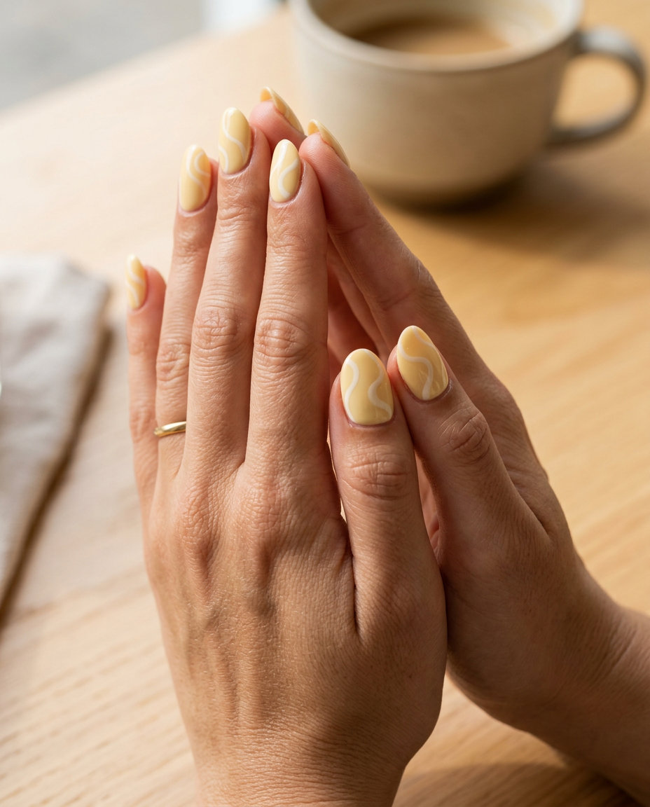 Butter yellow almond nails with creamy white swirls for solid summer nails 2026. Bohemian style for brunch.