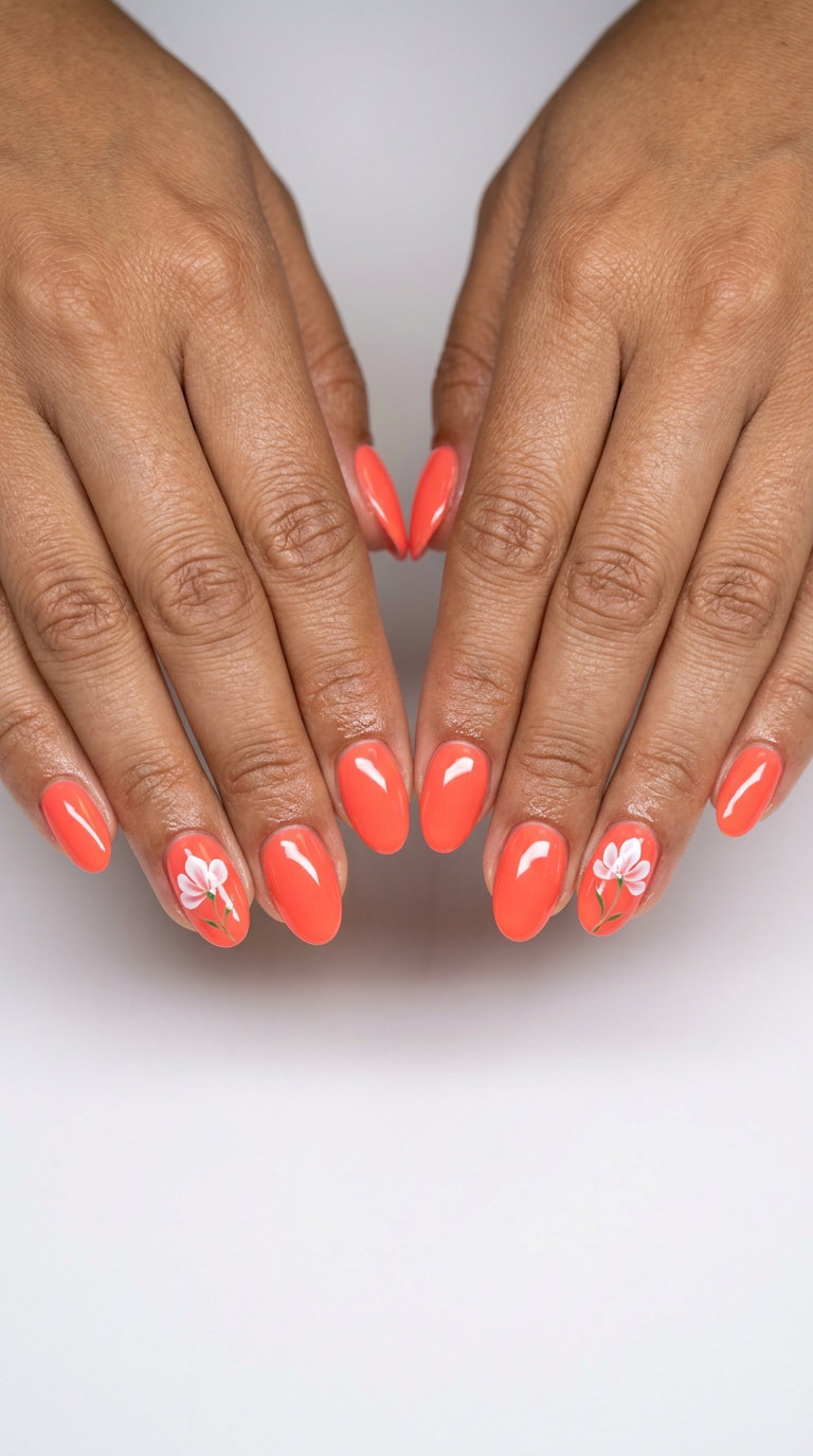 Bright coral almond nails with white floral art for solid summer nails 2026. Perfect for weddings or date nights.
