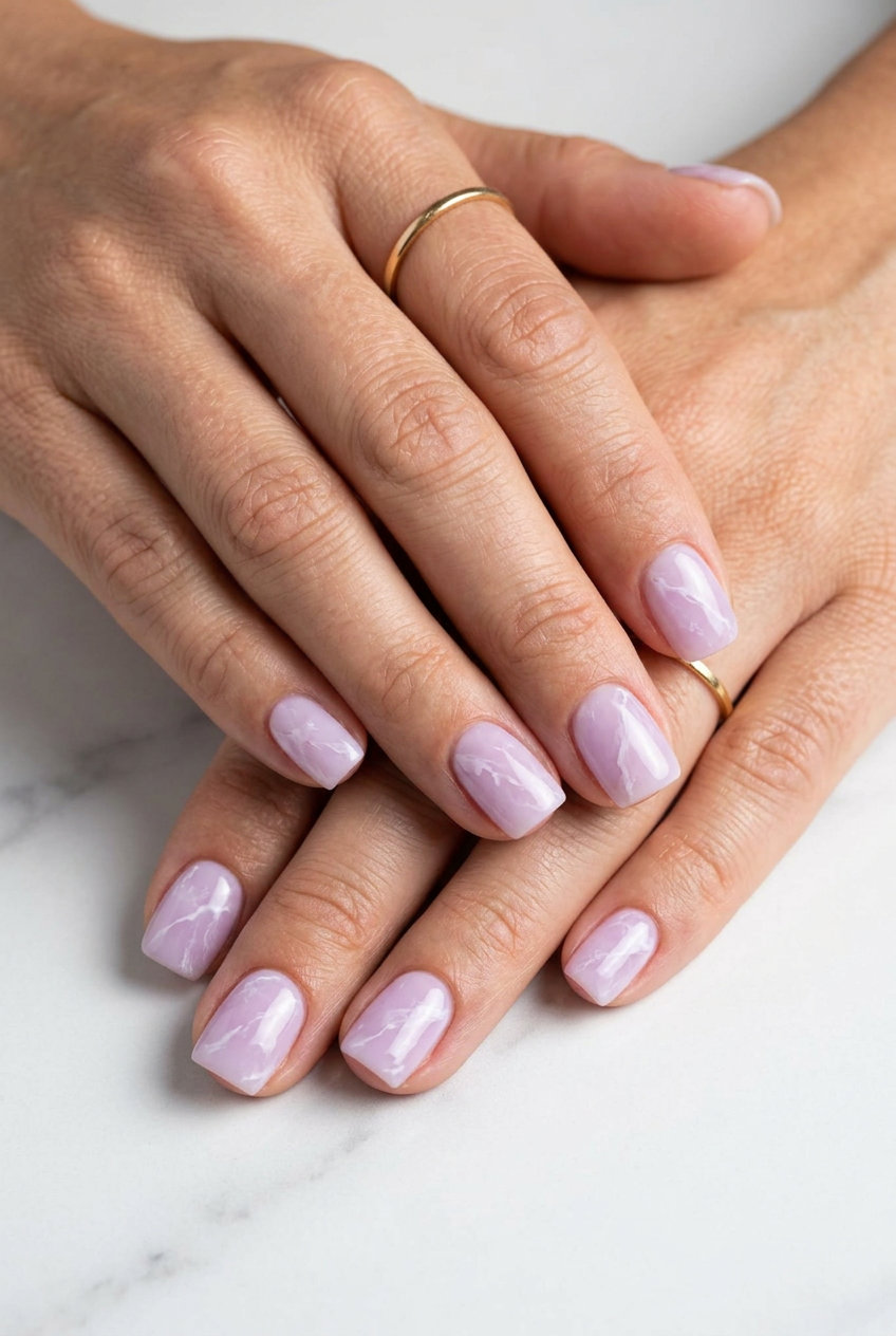 Lilac marble square nails, a sophisticated solid summer nails 2026 choice for daily chic and elegant events.
