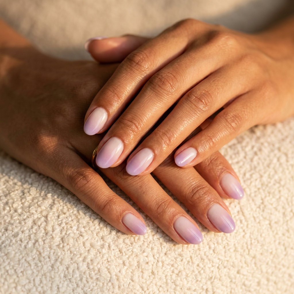 Milky lilac cloud ombre soft oval nails for solid summer nails 2026. Romantic bridal shower style.