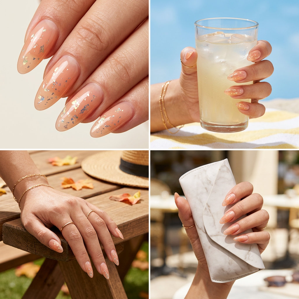 Sheer peach jelly almond nails with iridescent foil flakes for solid summer nails 2026. Fun vacation style.