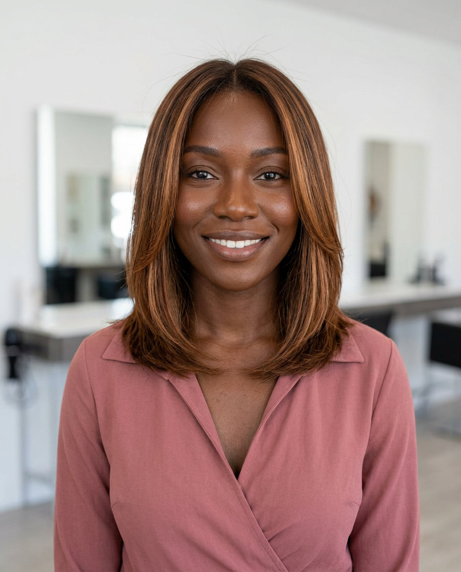 Spiced Amber Auburn Lob 2026 shoulder-length spiced amber auburn lob with subtle foilyage, graduated layers — romantic effortless