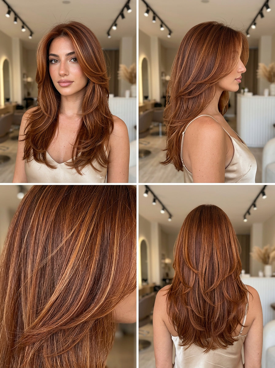 Ethereal Auburn Hair: Butterfly Layers & Babylights 2026 long spiced amber auburn haircut with golden-red babylights, butterfly layers for formal event