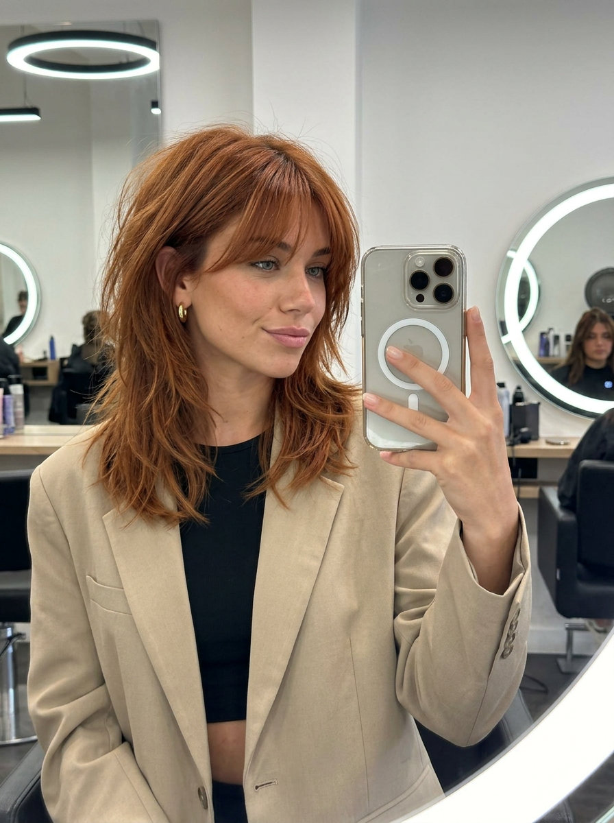 Festival Auburn Hair: Spiced Amber Shag with Ginger Babylights 2026 medium spiced amber auburn haircut with ginger auburn babylights, choppy shag for festival