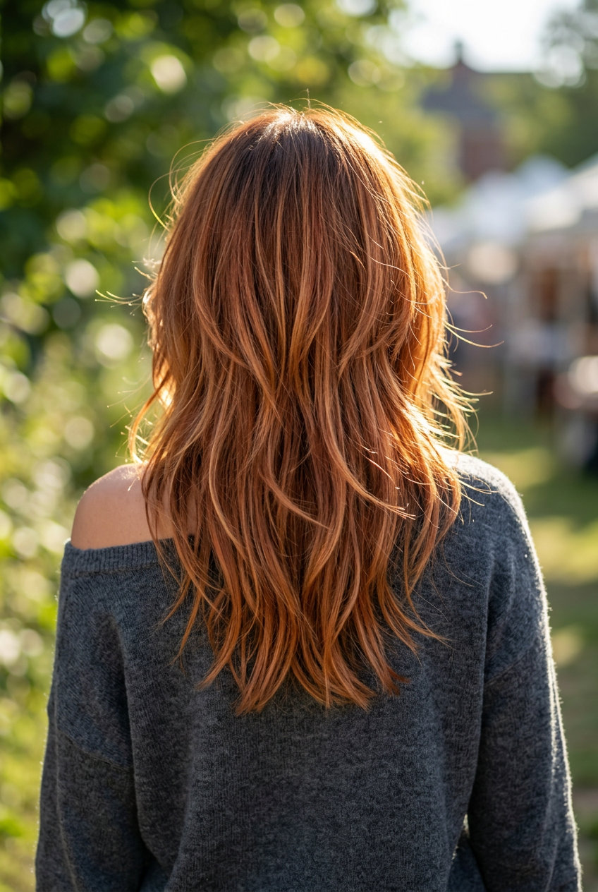 heavily layered shag with spiced ginger auburn color, golden-copper ribbons for edgy style