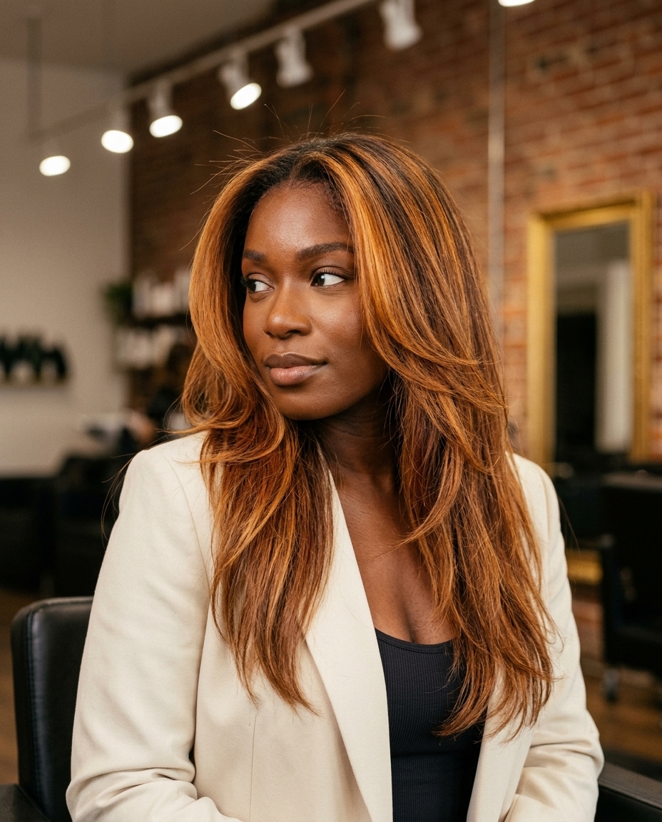 long layered haircut in deep spiced rum with orange-gold undertones, face-framing layers for summer