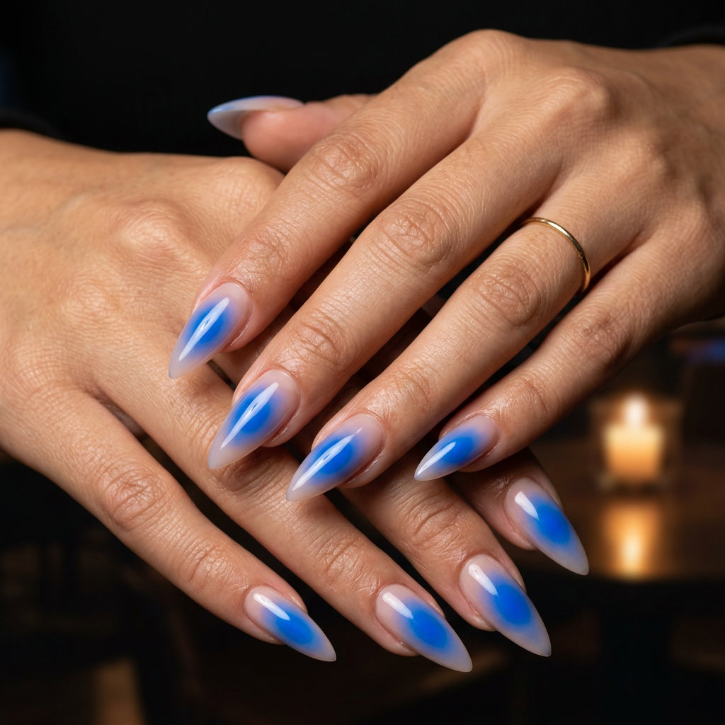 Electric Blue Aura Stiletto Summer Nails 2026 Edgy electric blue aura stiletto summer nails 2026 for festivals and parties.