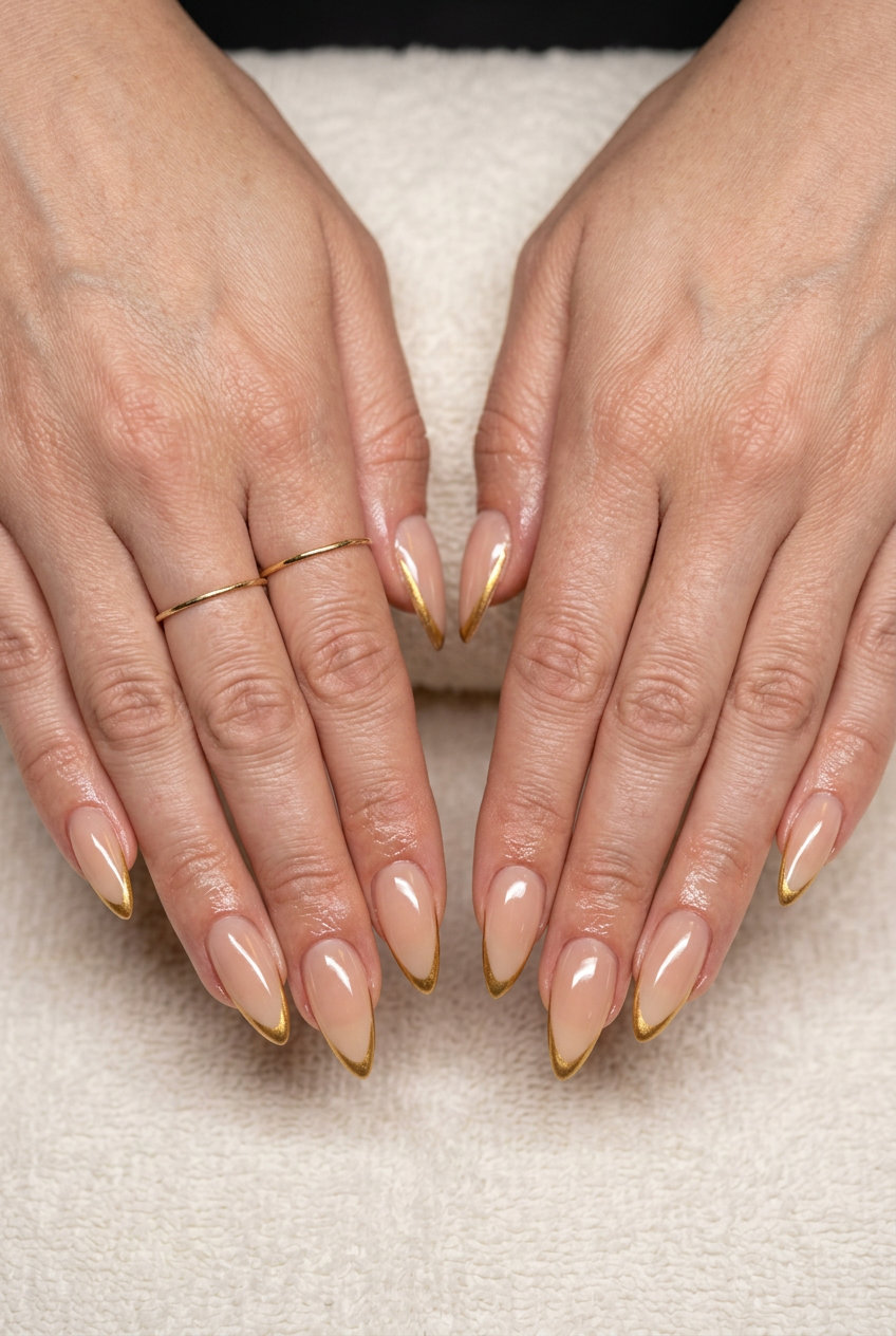 Gold Micro-French Stiletto Nails 2026: Chic & Polished Metallic gold micro-French stiletto nails 2026 for work and elegant events. Sophisticated and chic.