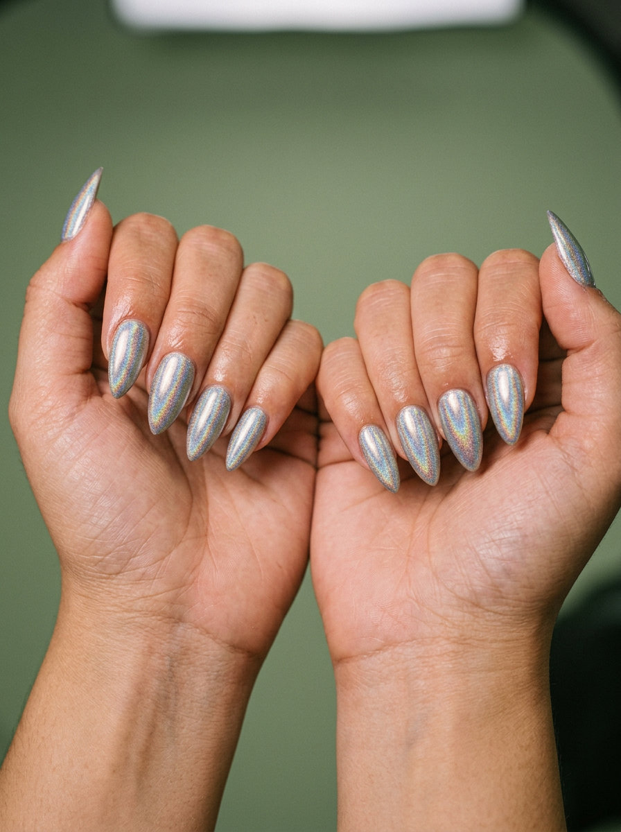 Holographic Silver Stiletto Summer Nails 2026 Bold holographic silver stiletto summer nails 2026 for parties and summer events.