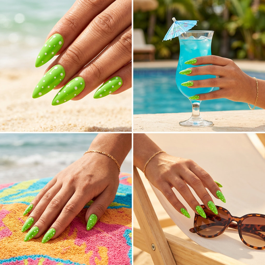 Lime Green Disco Dot Stiletto Nails 2026: Fun Lime green stiletto disco dot nails 2026 for festivals and summer parties. Fun and energetic.