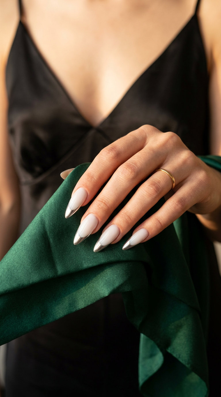 Stiletto Summer Nails 2026: Chic Milky White & Chrome Milky white stiletto nails with silver chrome tips for weddings and summer events. Clean & chic.