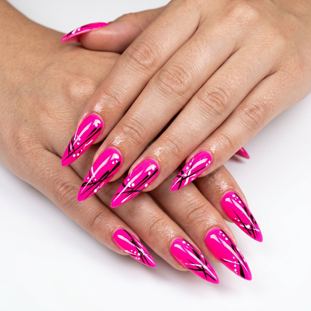 Stiletto Summer Nails 2026: Bold Neon Pink Abstract Neon pink stiletto nails with abstract black & white art for festivals and summer parties.