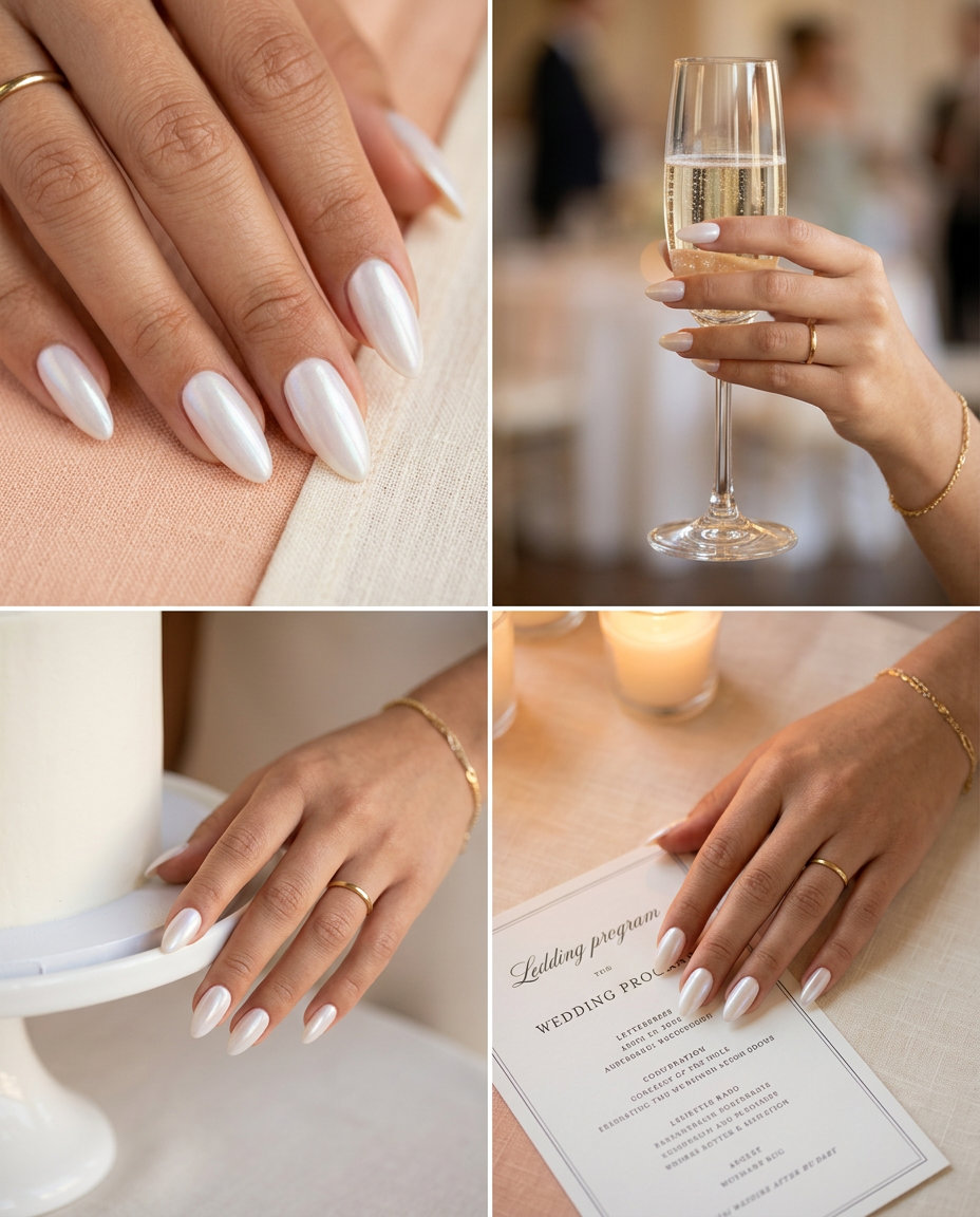 Stiletto Summer Nails 2026: Elegant Pearlescent White Pearlescent white stiletto nails with iridescent sheen for office and bridal looks.