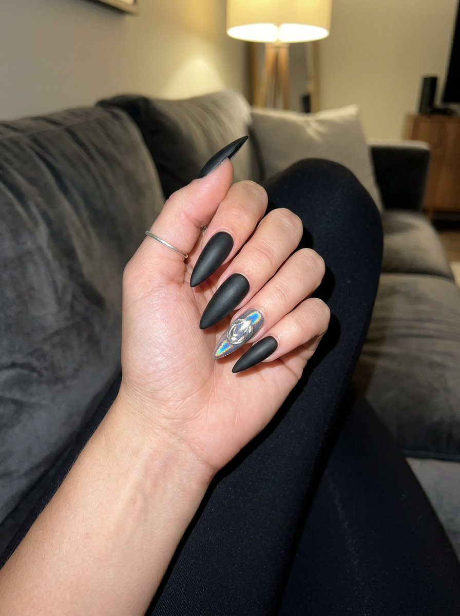 Chrome Sculpted Stiletto Nails 2026: Futuristic Glam Sculpted chrome stiletto nails 2026 with matte black for avant-garde events. Futuristic and edgy.