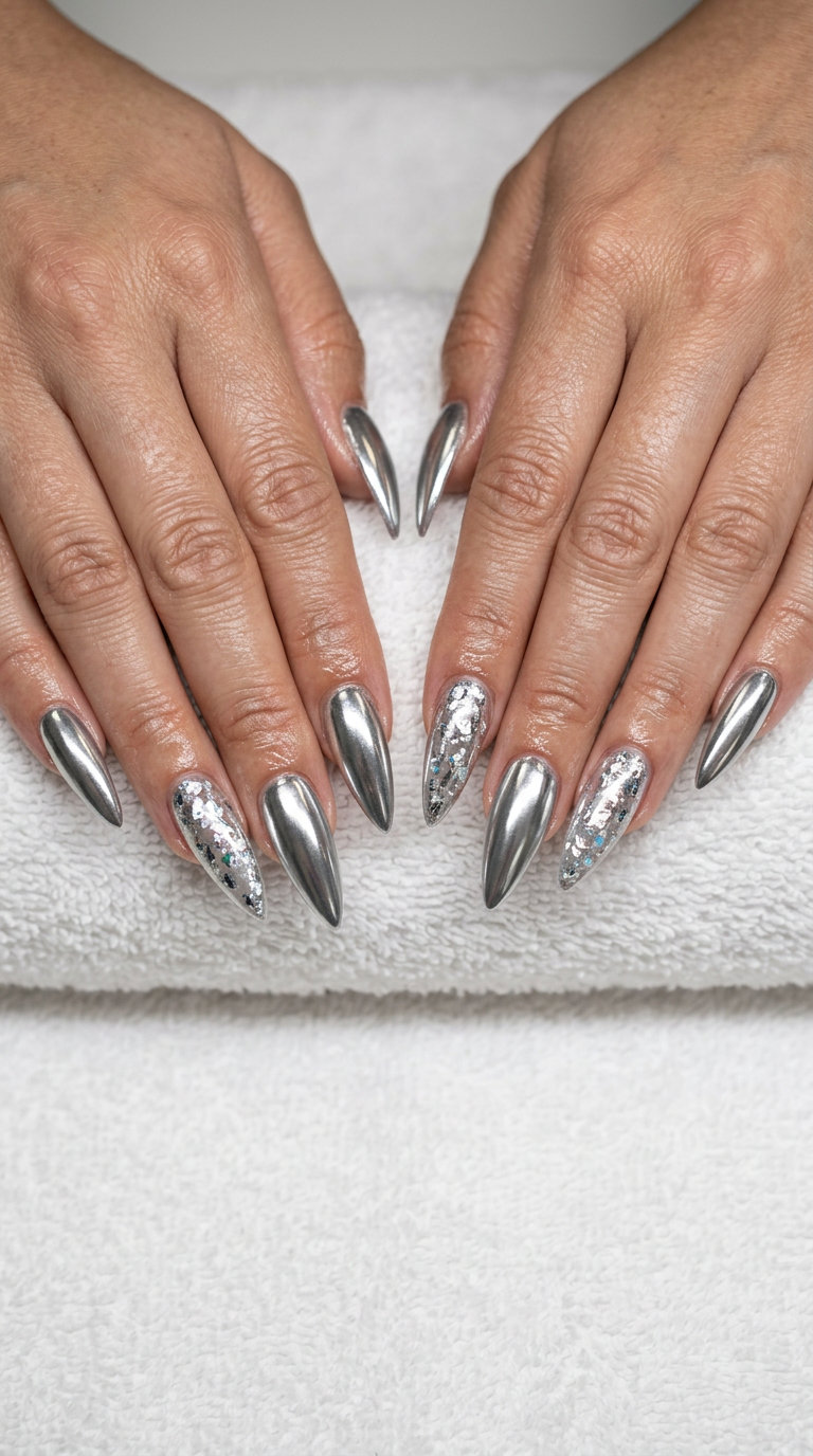 Silver Chrome Foil Flake Stiletto Nails 2026: Edgy Glam Silver chrome stiletto nails with foil flake accents 2026 for nightlife and parties. Edgy and modern.