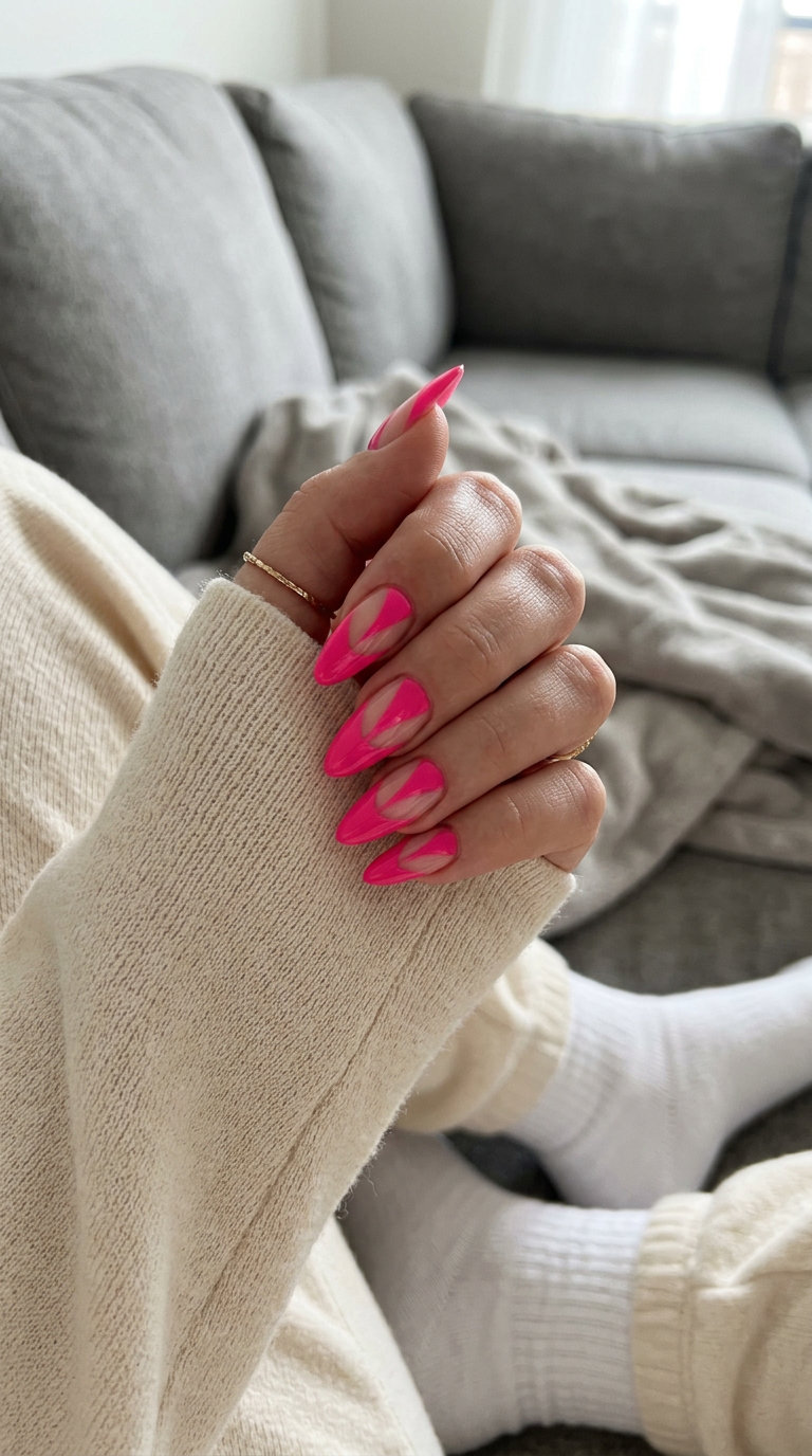 Vivid Pink Negative Space Stiletto Summer Nails 2026 Edgy vivid pink negative space graphic stiletto summer nails 2026 for festivals.