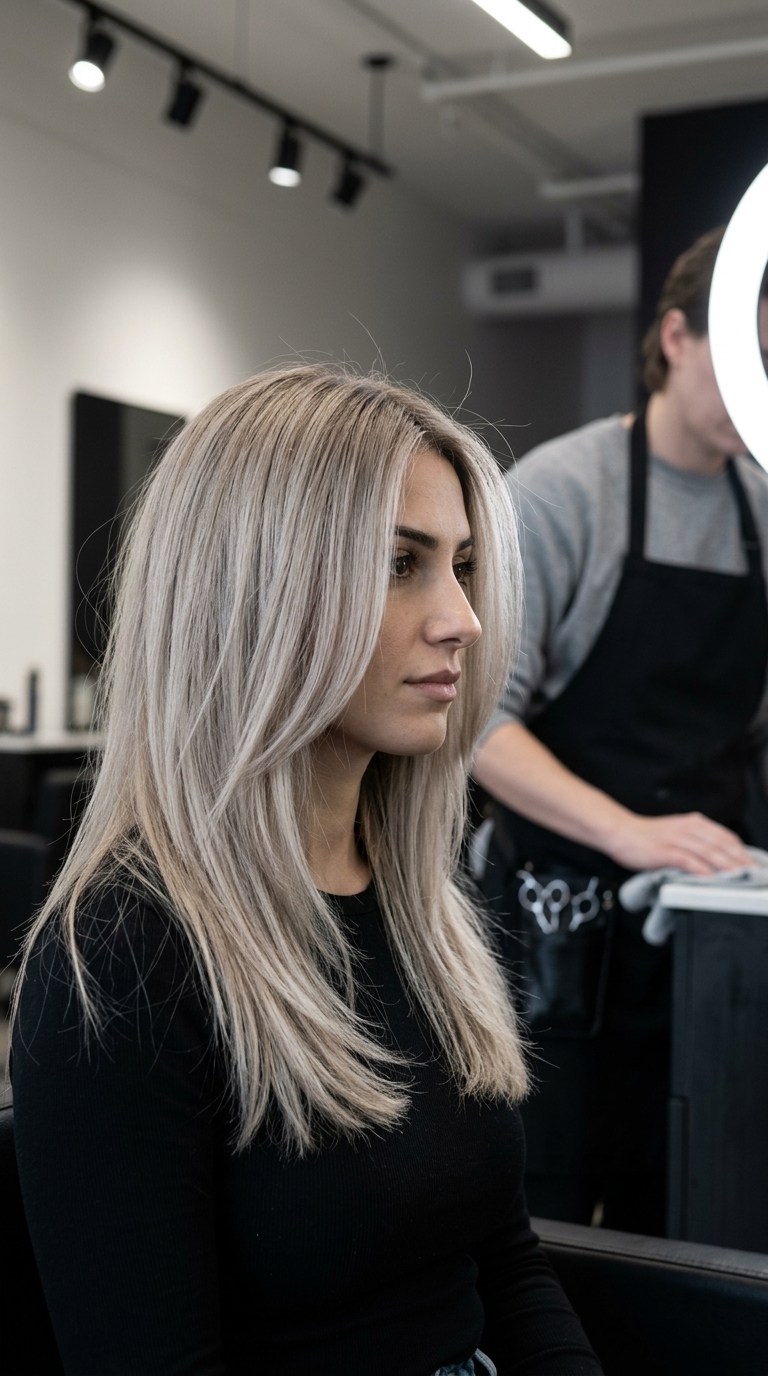 long stone blonde layers with face-framing pieces, no fringe — edgy minimalist look