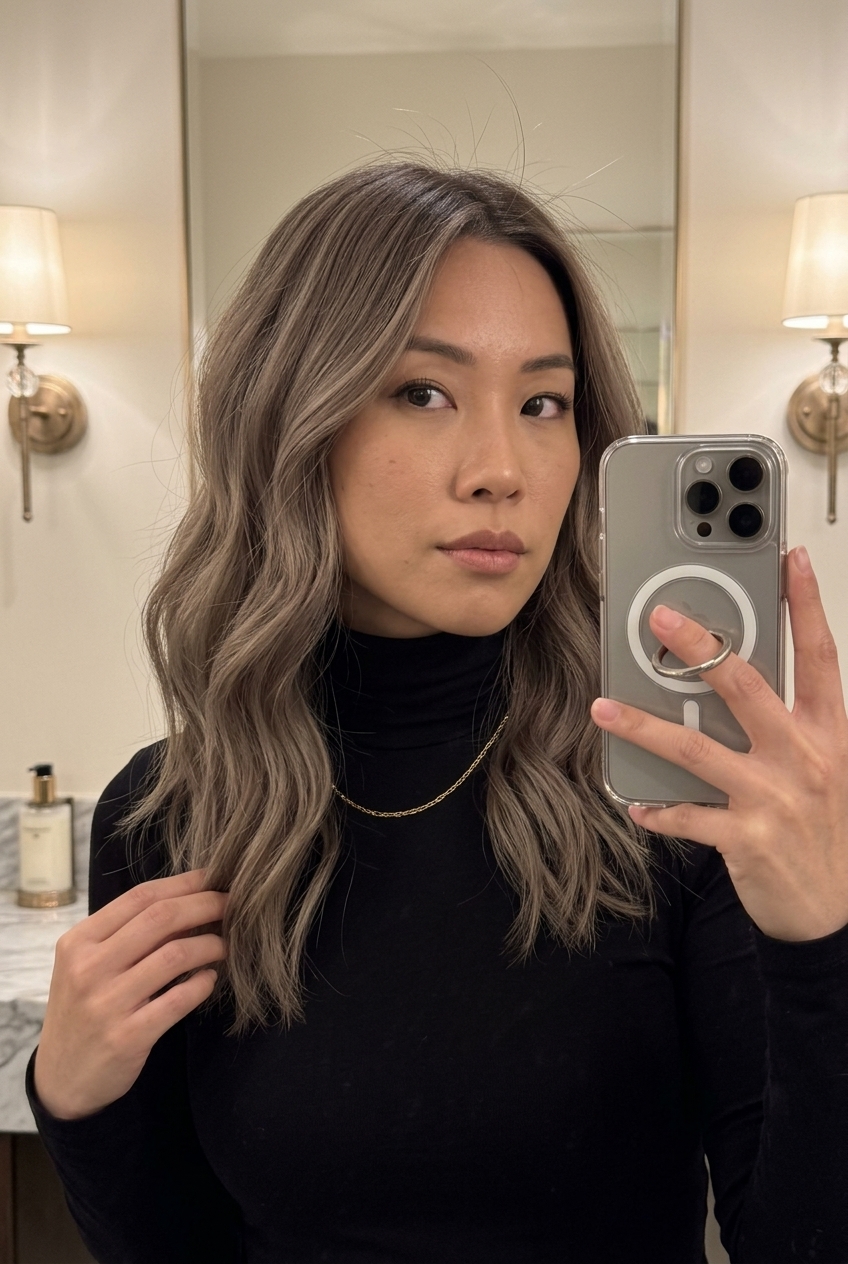 long stone blonde haircut with matte ash beige, cool taupe undertone, subtle layers — effortless minimalist