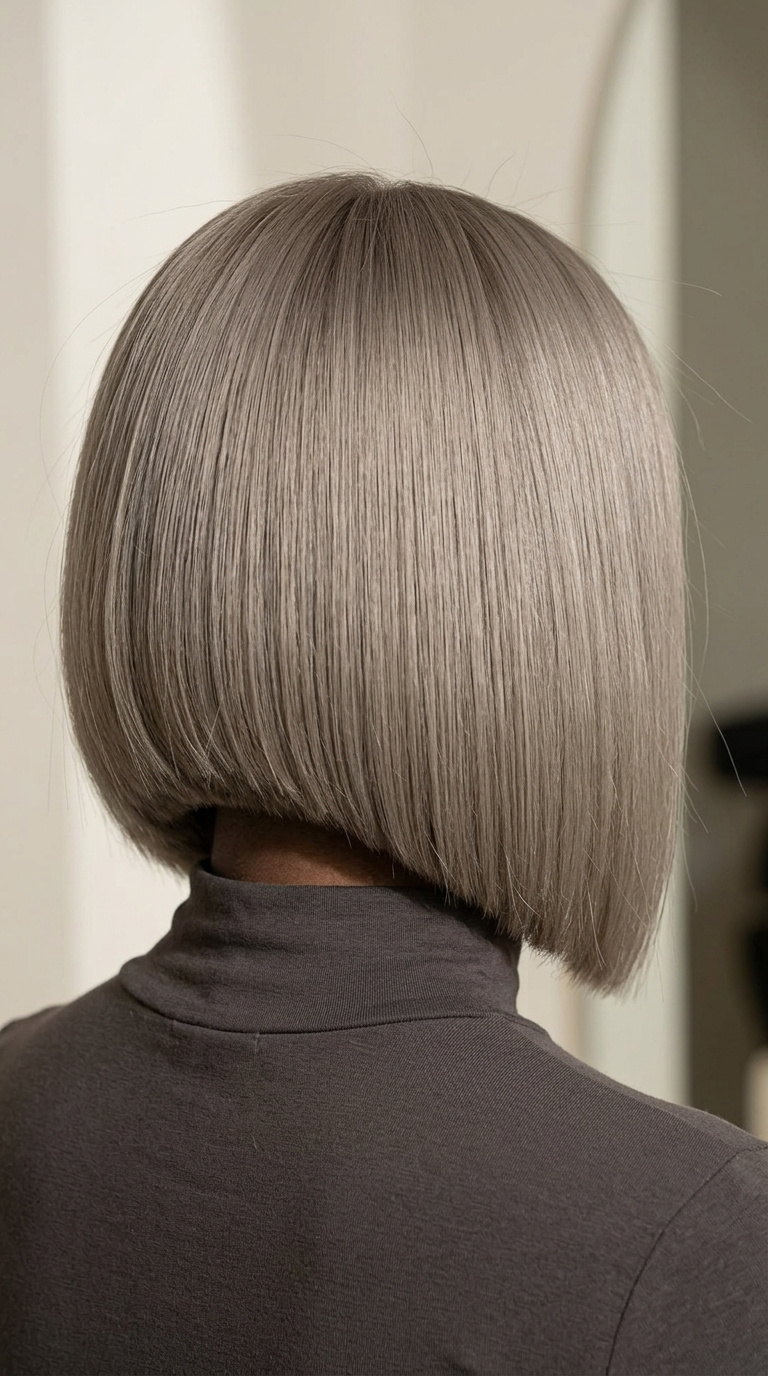 short stone blonde angled bob with undercut, no fringe — bold editorial style
