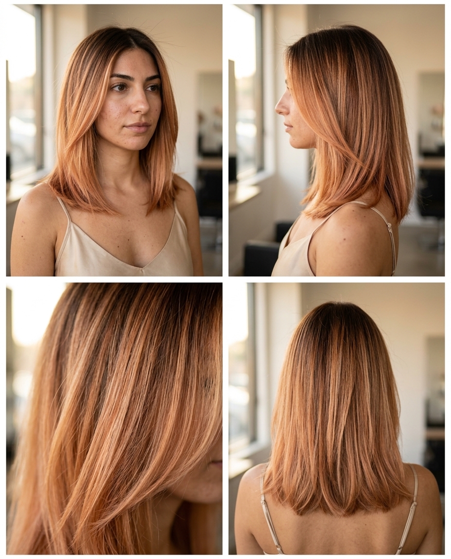 Strawberry Blonde Balayage 2026 long strawberry blonde balayage with golden peach, light copper and airy layers — soft romantic