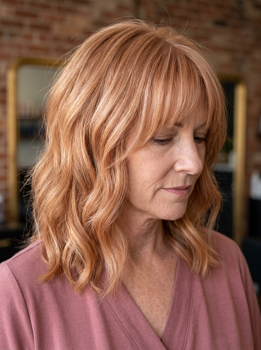 medium layered haircut with warm strawberry blonde & peach highlights, wispy curtain bangs for summer