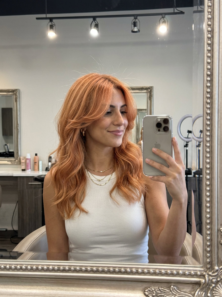 medium-long butterfly haircut with strawberry blonde and golden peach babylights, textured layers, face-framing — playful weekend getaway