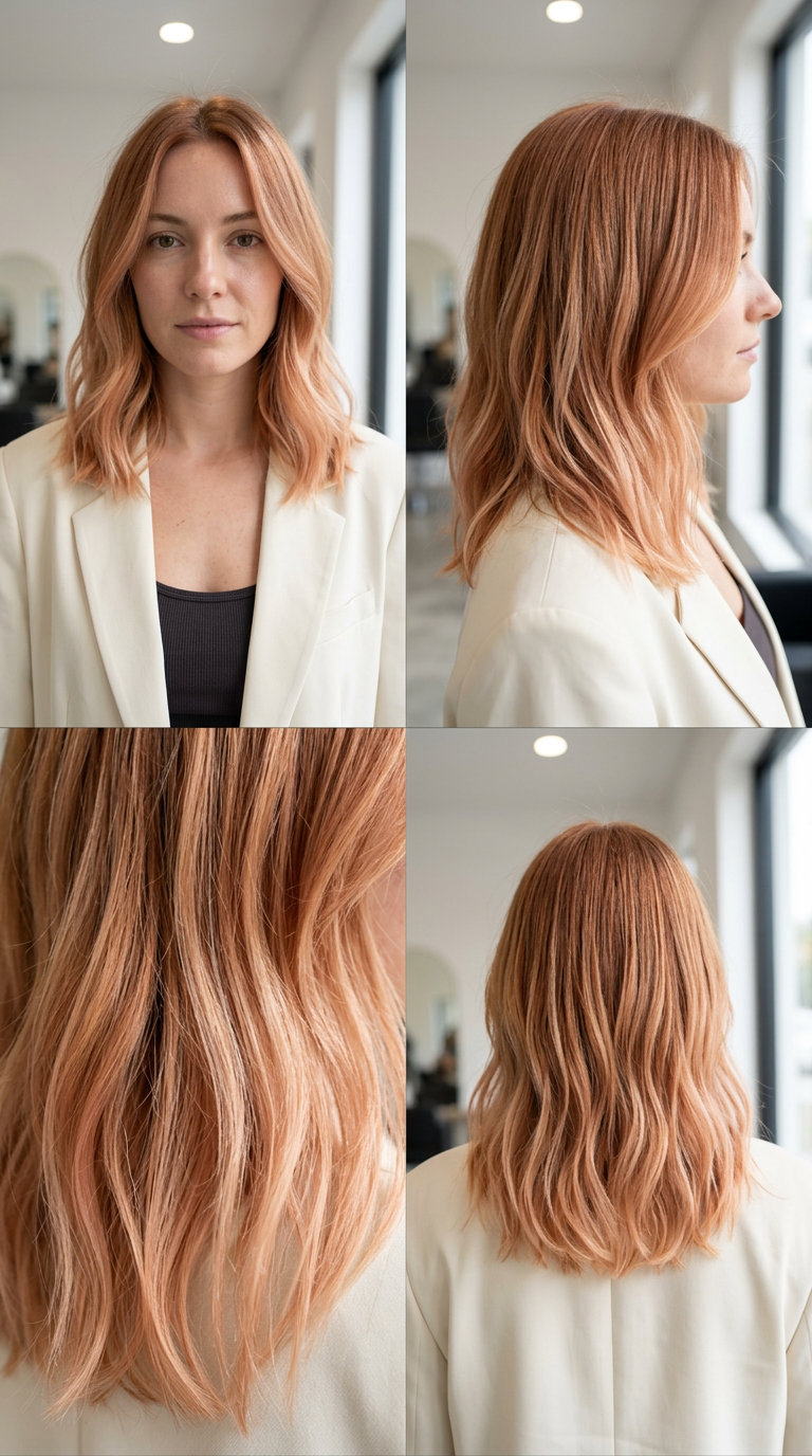 long layered rich summer ombre hair color 2026 with strawberry blonde to peachy blonde, romantic mood