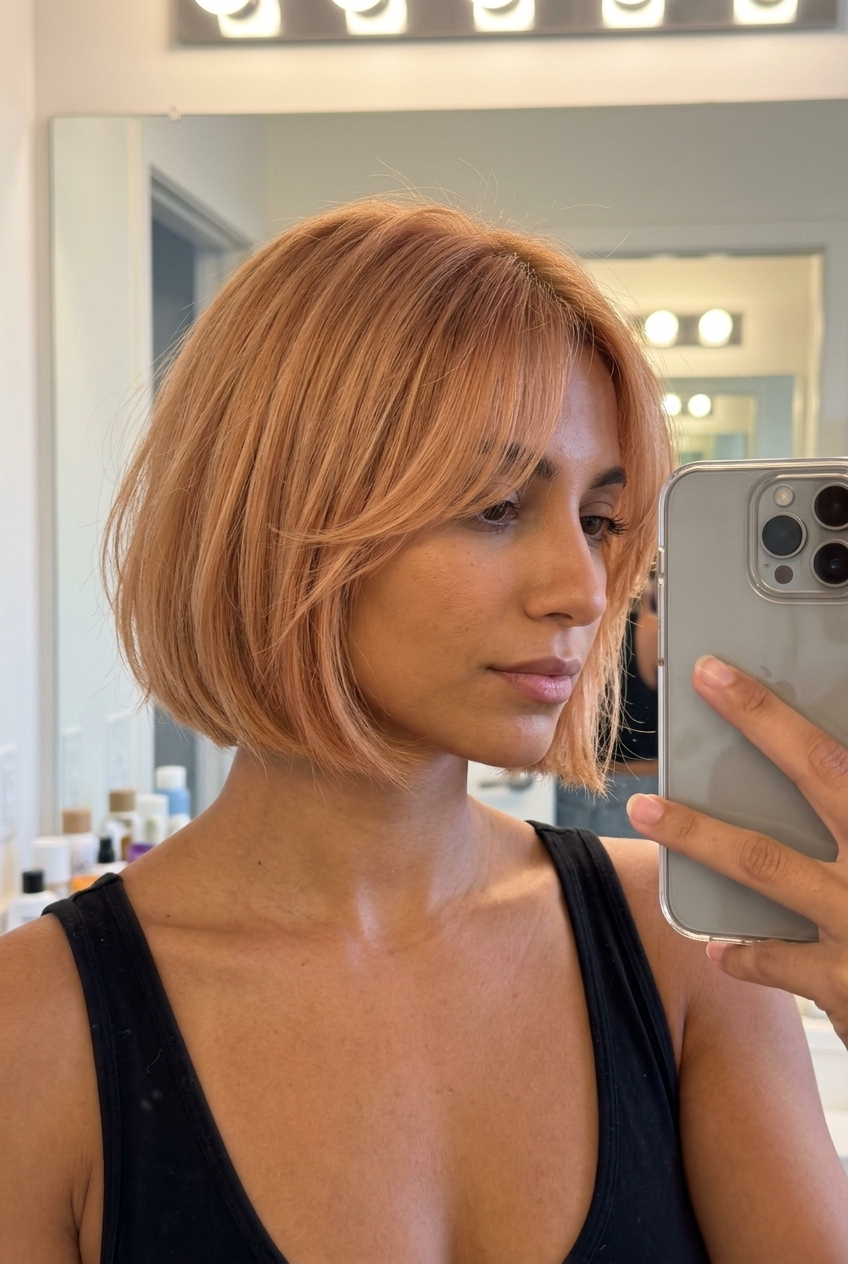 short bob haircut in strawberry blonde with soft peach-gold babylights and curtain fringe for playful look