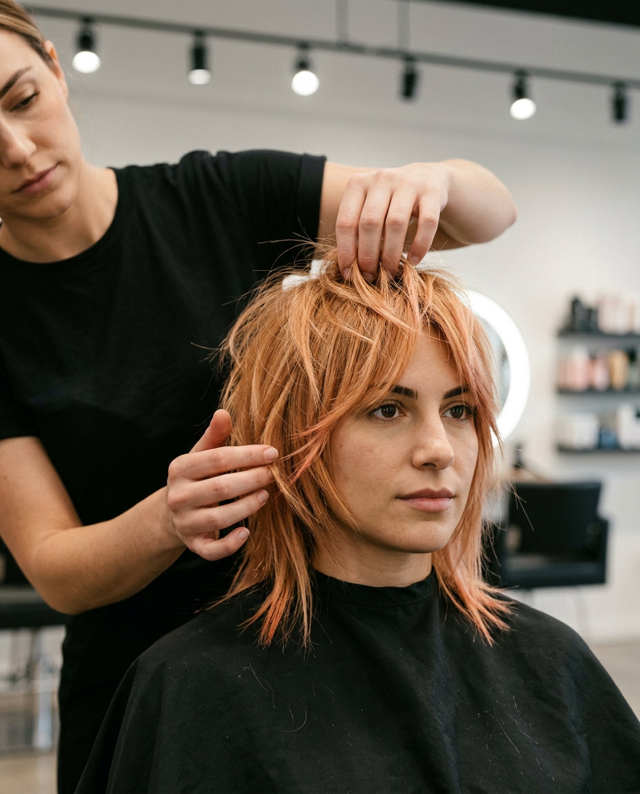 short strawberry blonde wolf cut with golden-pink tips, razored spiky layers and aggressive fringe for festivals