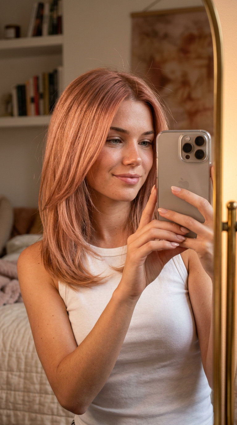 strawberry blonde hair color with rose gold gloss, shimmering overlay for summer 2026
