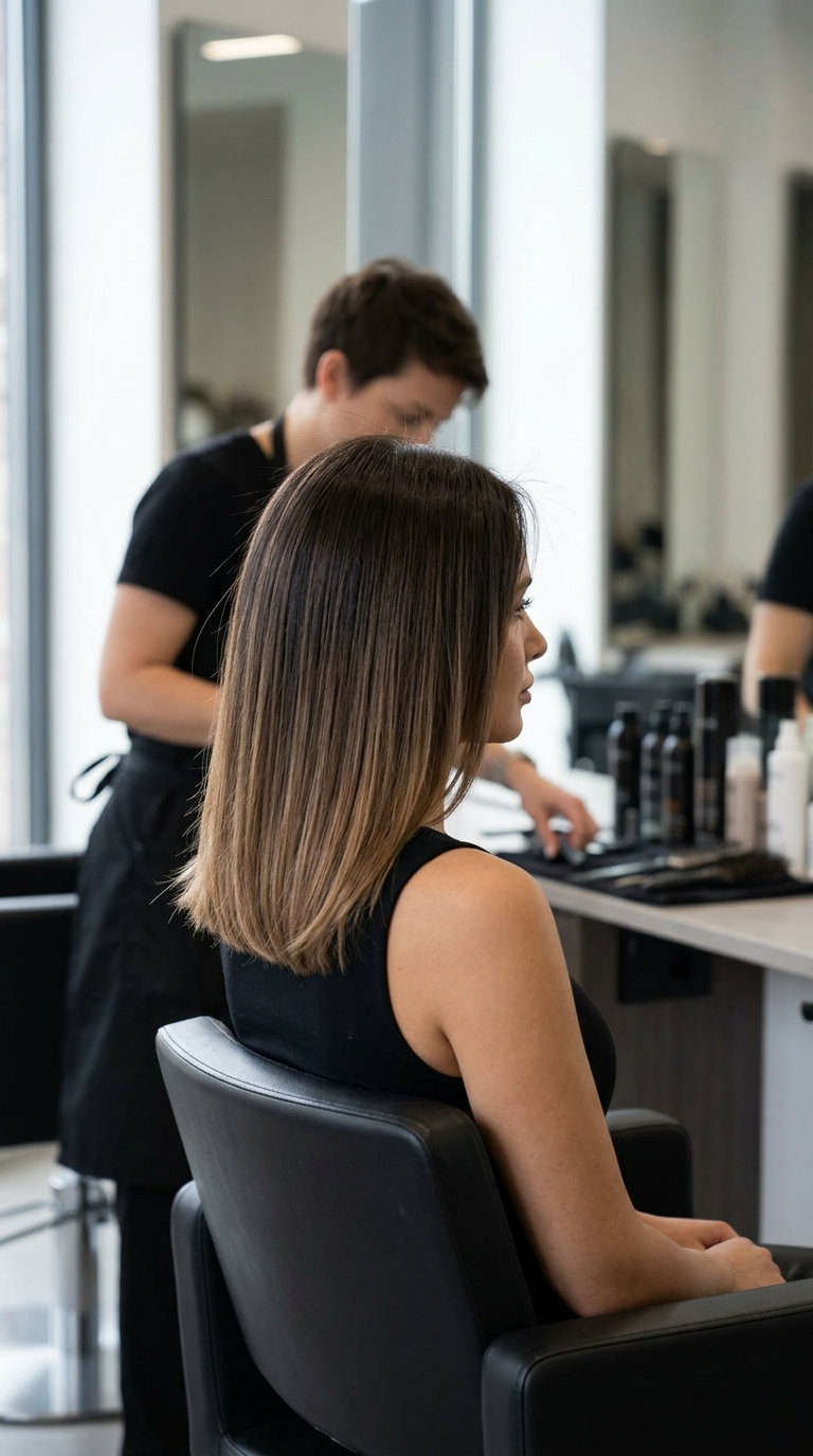medium subtle caramel ombre with espresso root and soft caramel ends, minimal contrast — elegant minimalist style