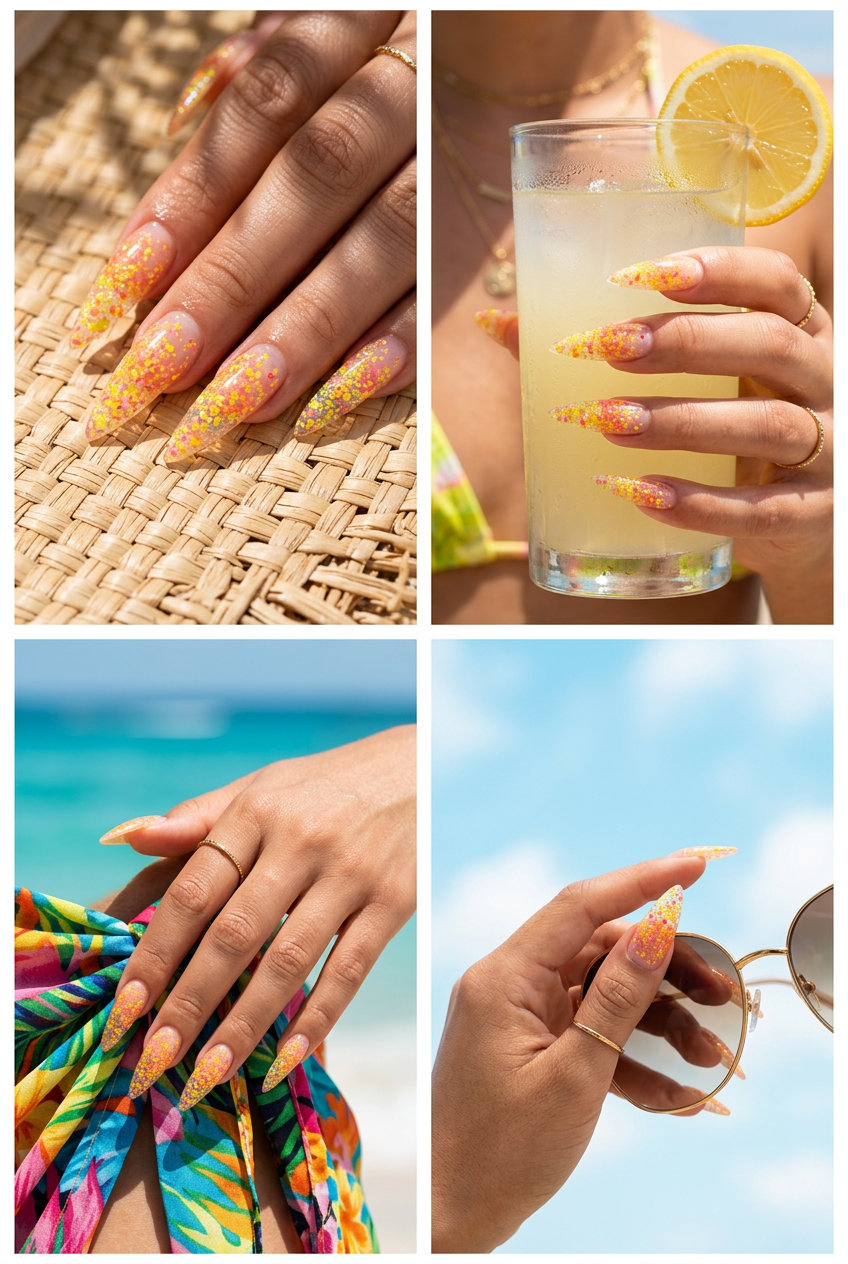 Summer Citrus Nail Art 2026: Citrus Confetti Glitter Citrus Confetti Glitter nails: clear base with yellow, orange, pink glitter. Summer citrus nail art 2026 for parties & festivals.