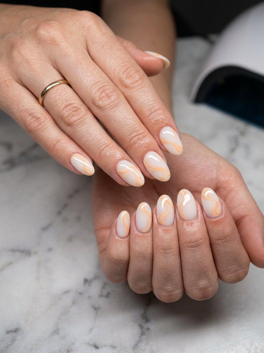 Orange Creamsicle Swirls 2026 | Vacation Nails Orange Creamsicle Swirl nails: Sweet milky white with pale orange swirls for summer citrus nail art 2026.