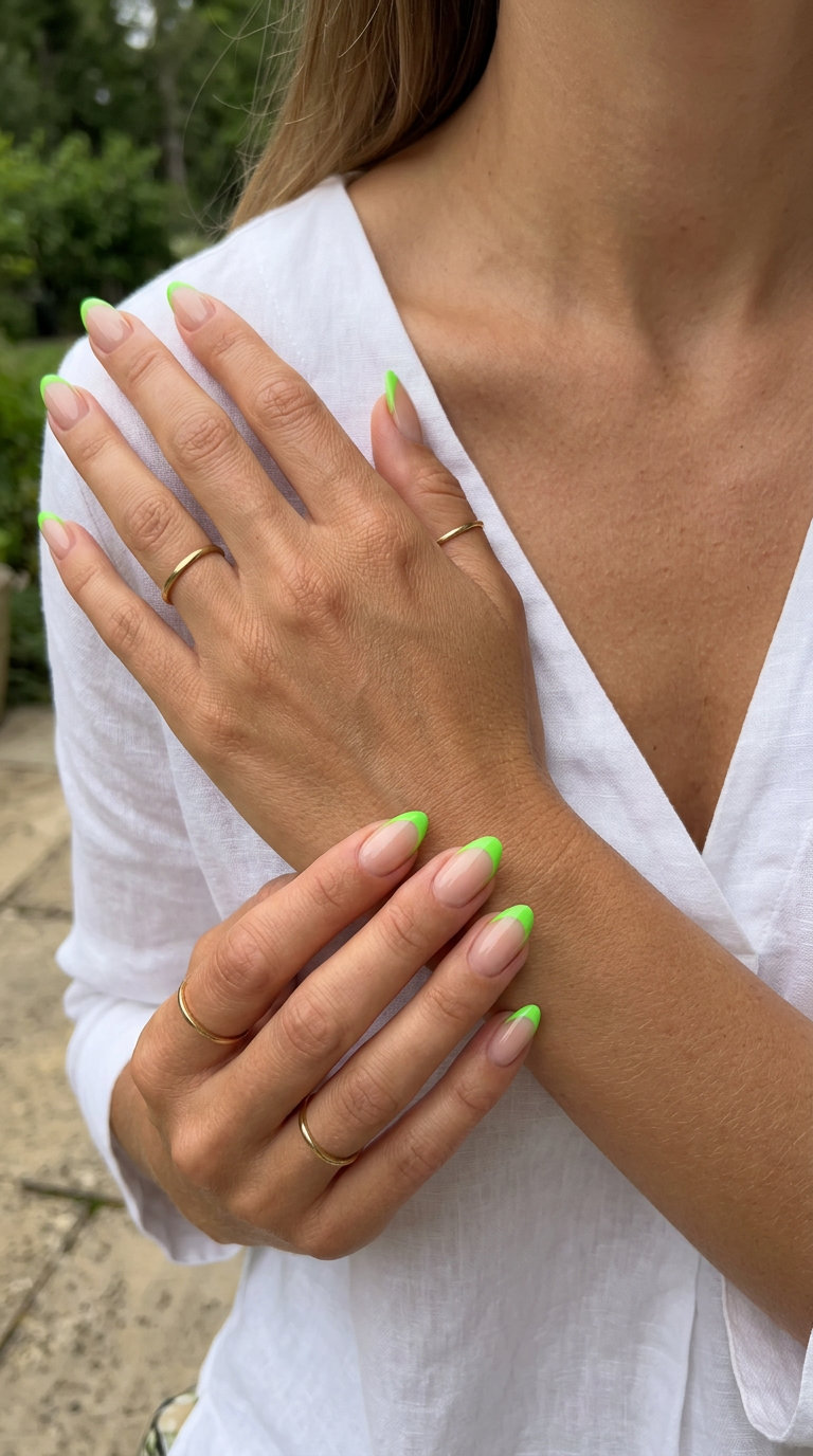 Electric Lime French Tips | Summer Citrus Nail Art 2026 Edgy electric lime green French tips on a clear base for summer citrus nail art 2026. Modern and bold.