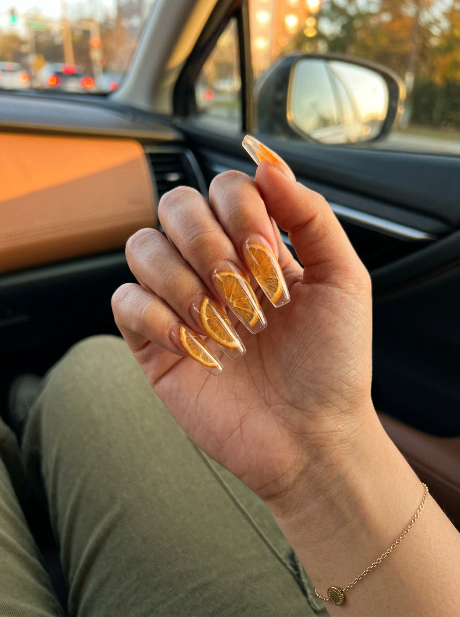 Summer Citrus Nail Art 2026: Embedded Orange Jewels Embedded Citrus Jewels nails: clear builder gel with real orange slices. Summer citrus nail art 2026 for vacation & festivals.