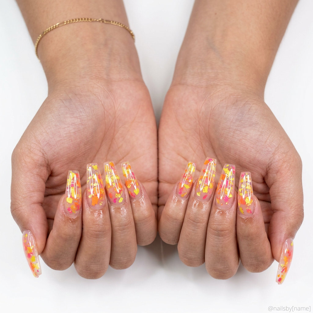 Citrus Burst Foil Flakes 2026 | Festival Glam Citrus Burst Foil Flakes: Glamorous orange, yellow, pink metallic flakes for summer citrus nail art 2026.